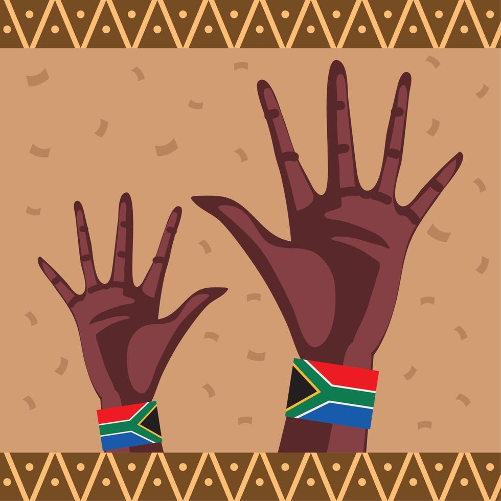 manos negras levantadas banderas de sudáfrica vector