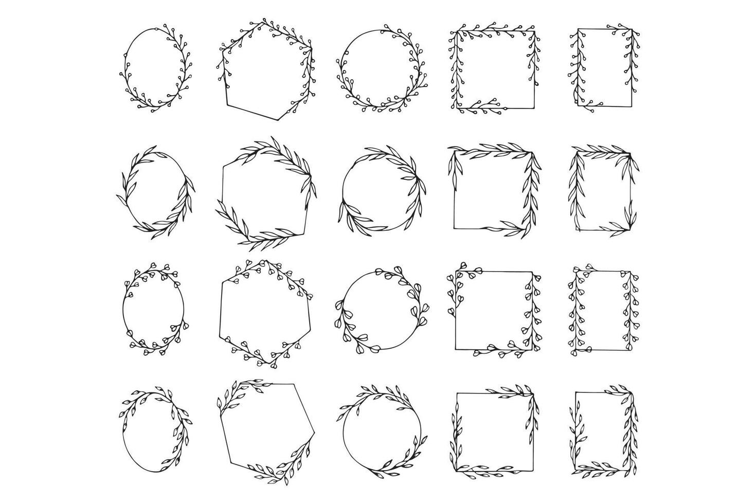 conjunto de marcos florales dibujados a mano en diferentes formas, bordes aislados con adorno de hojas en la ilustración de estilo de esquema vector