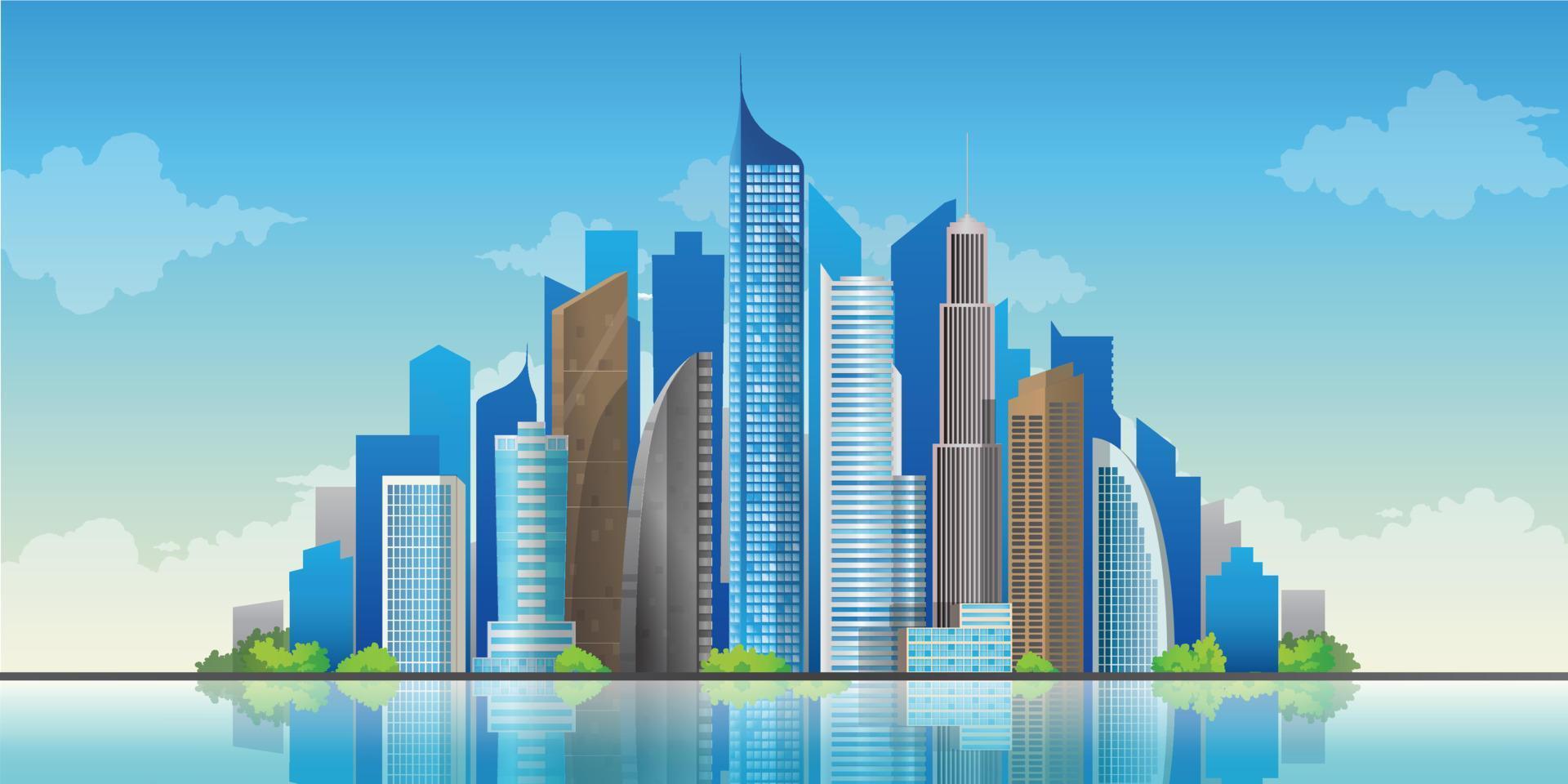 ilustración del paisaje urbano con rascacielos, vista urbana de la ciudad moderna sobre el agua vector