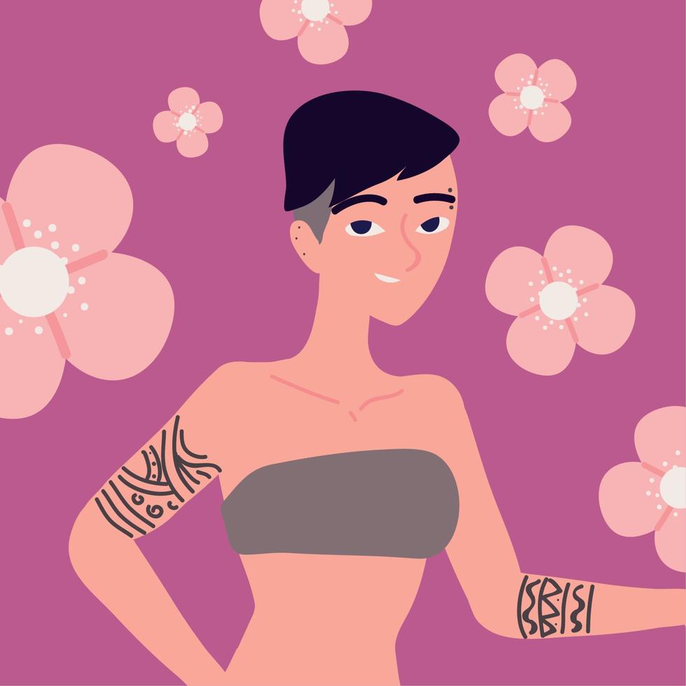 mujer joven con tatuaje vector