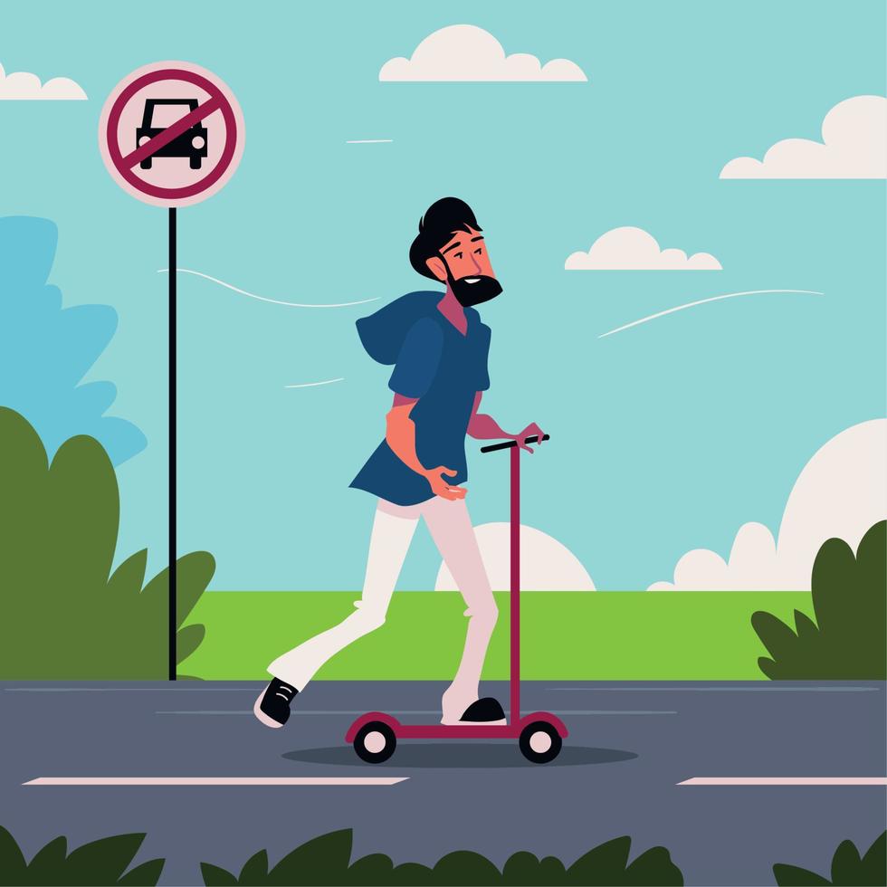 world car free day, guy in kick scooter vector