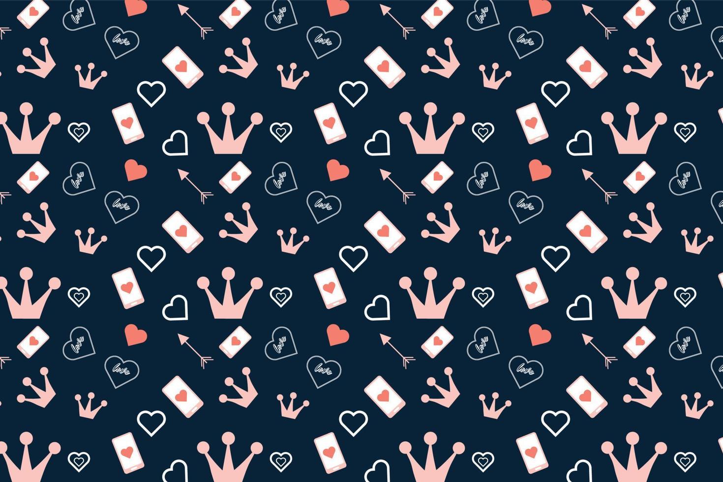Cute seamless love pattern design with king crowns and love shapes. Minimalist love pattern background for wallpapers and bed sheets. Valentines day pattern decoration on a dark background. vector