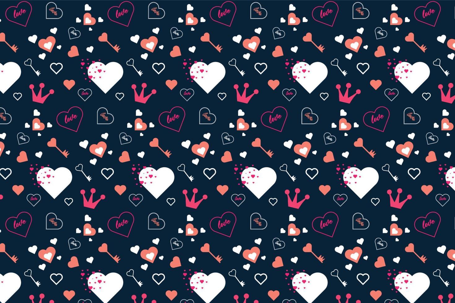 Repeating love pattern vector on a dark background. Abstract love shape pattern design for valentine's event. Seamless love pattern decoration with king crowns and love keys. Endless pattern vector.