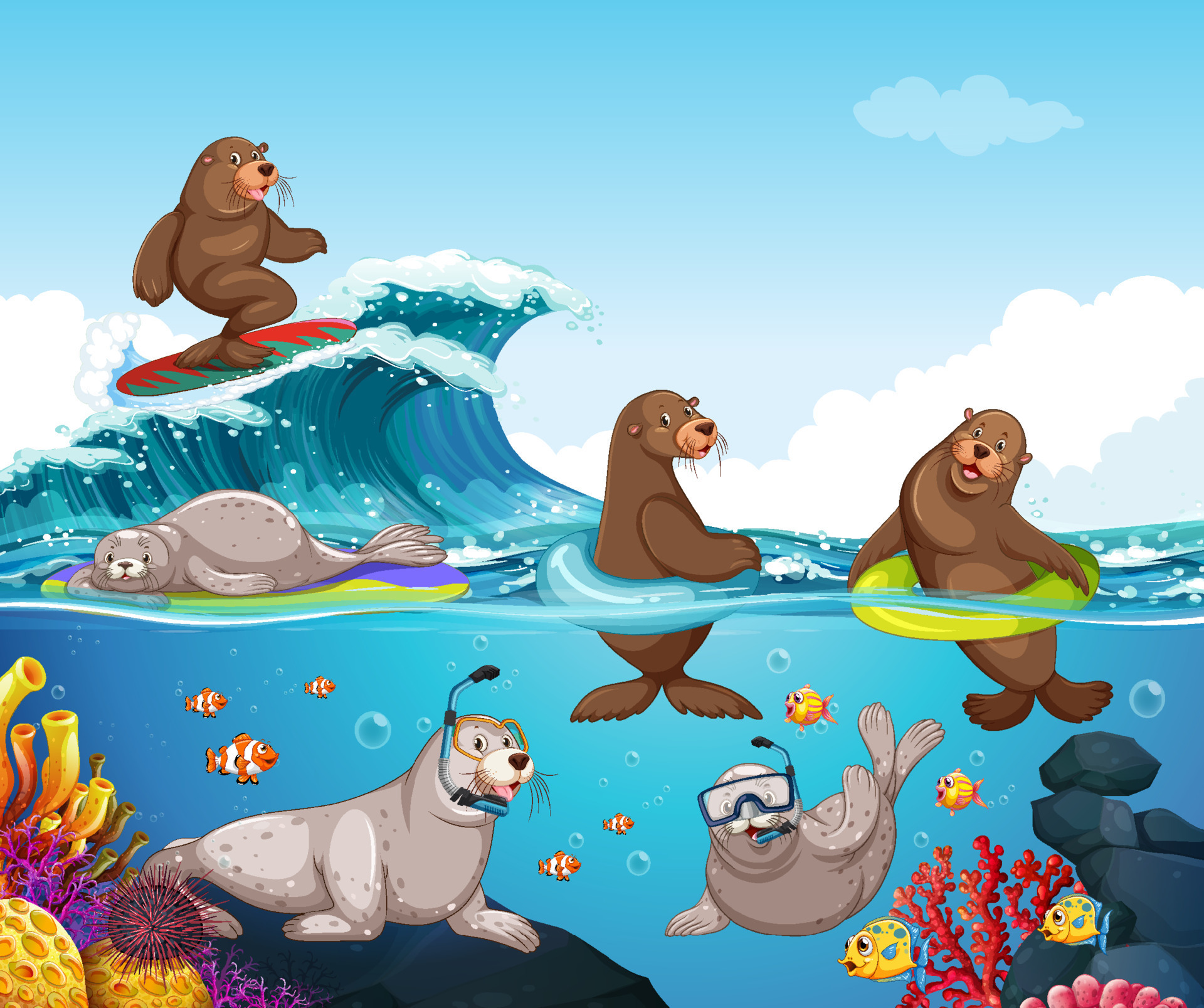 Ocean scene with sea lion and seal cartoon character 11126632 Vector Art at Vecteezy Ocean scene with sea lion and seal cartoon character 11126632 Vector Art at Vecteezy