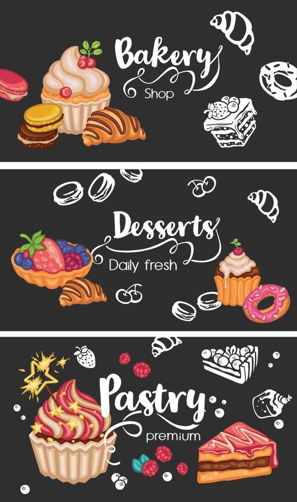 establecer postales postres dulces para panaderías vector