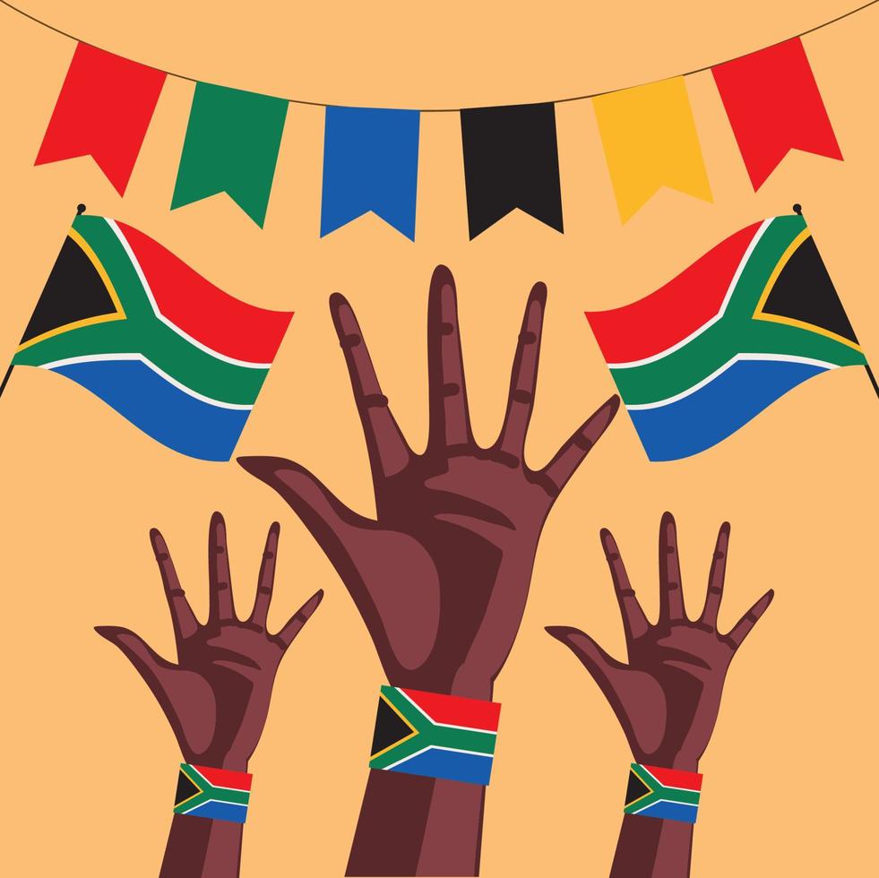manos con la bandera de sudáfrica vector