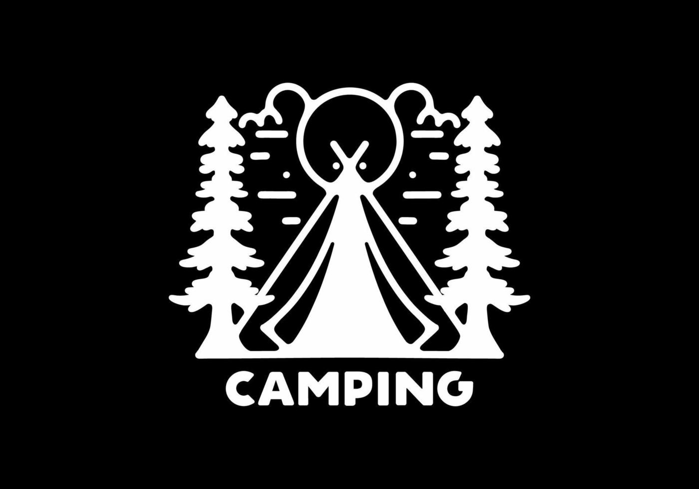 Triangle tent and pine trees line art design on black background vector