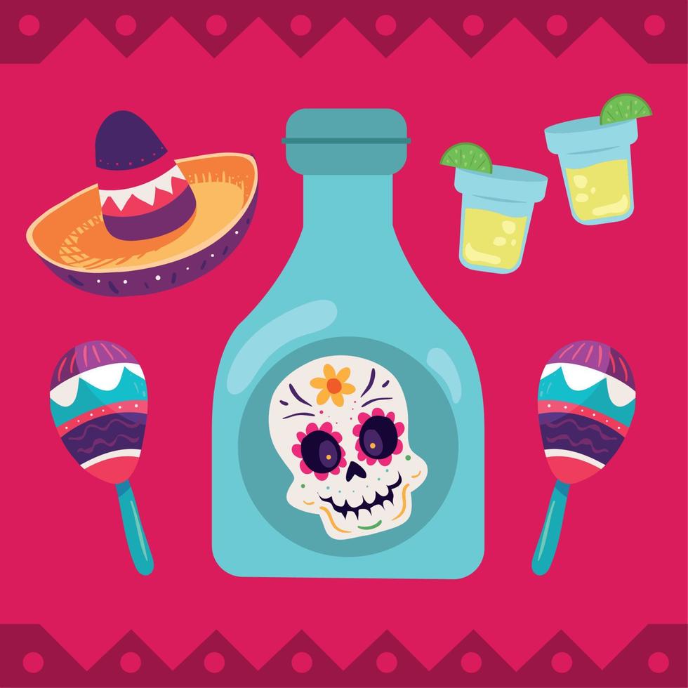 tequila mexicano y maracas vector