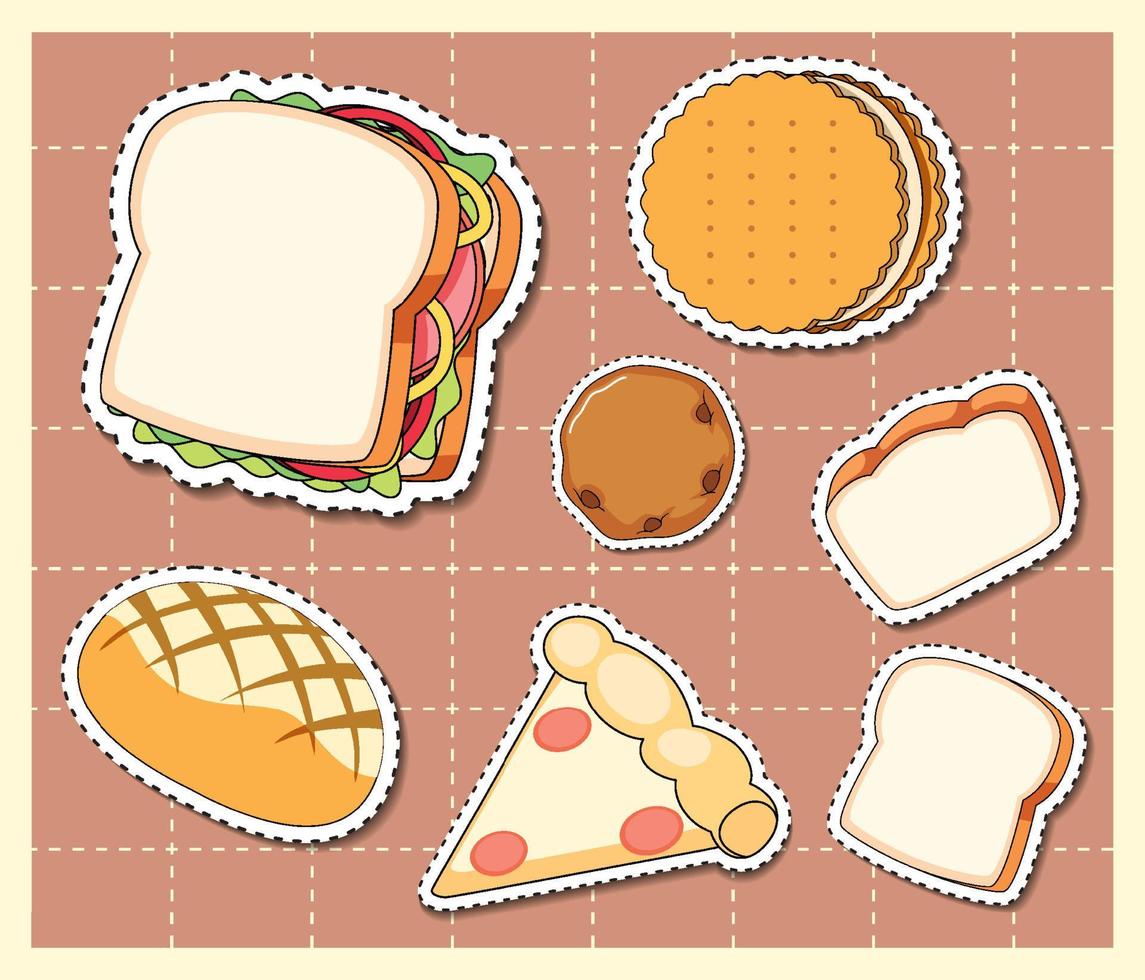 Mixed food cartoon sticker on grid background vector