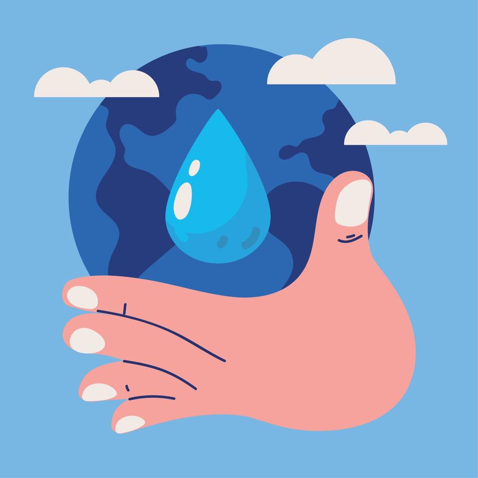 mano mundial y gota de agua vector