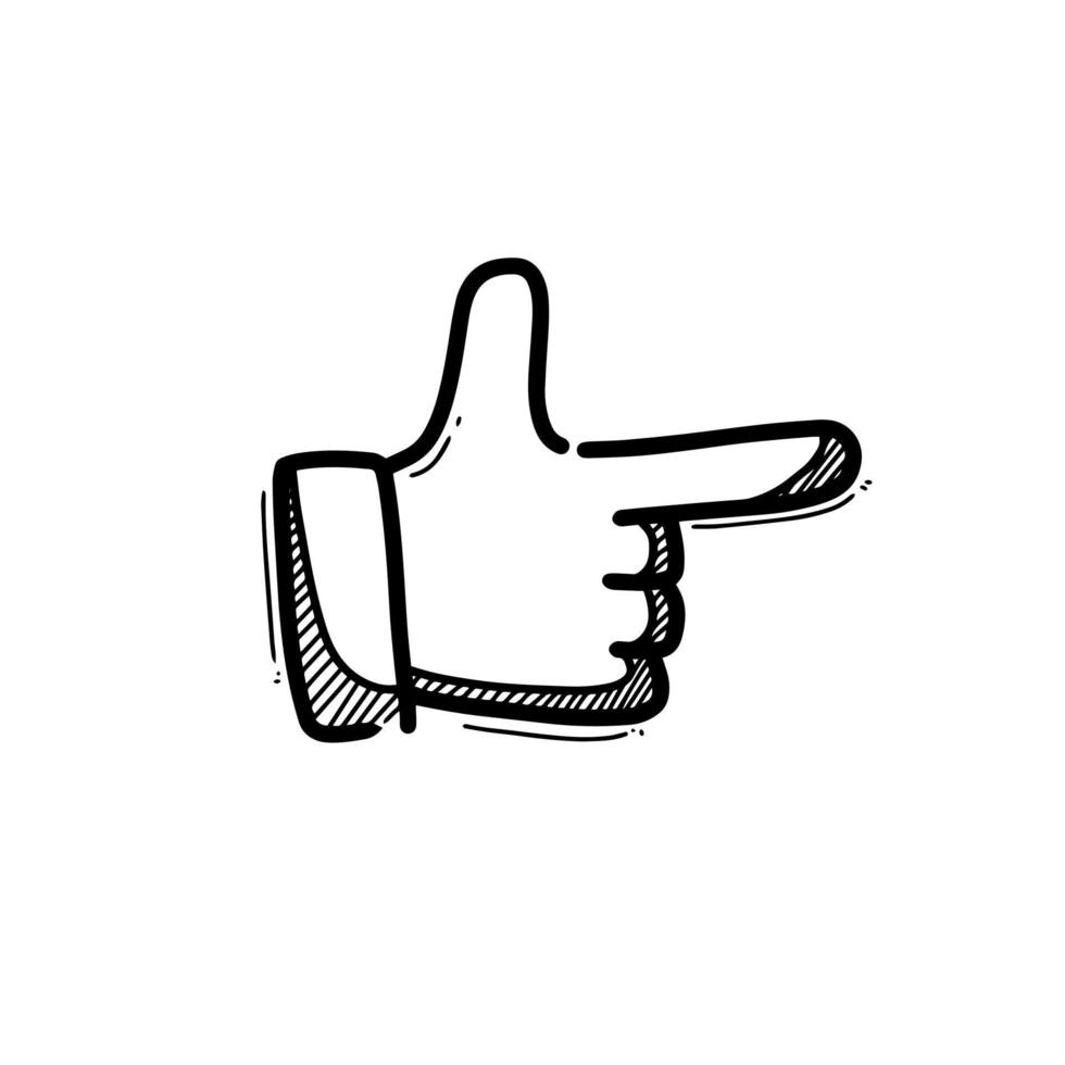 Vector illustration of pointing hand in doodle style, thumbs up icon isolated in white background