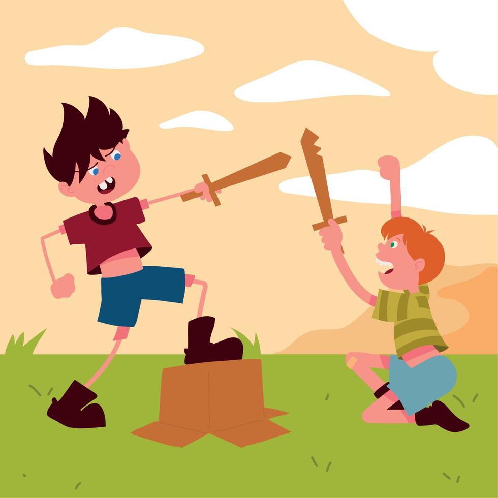 kids playing with wooden swords vector