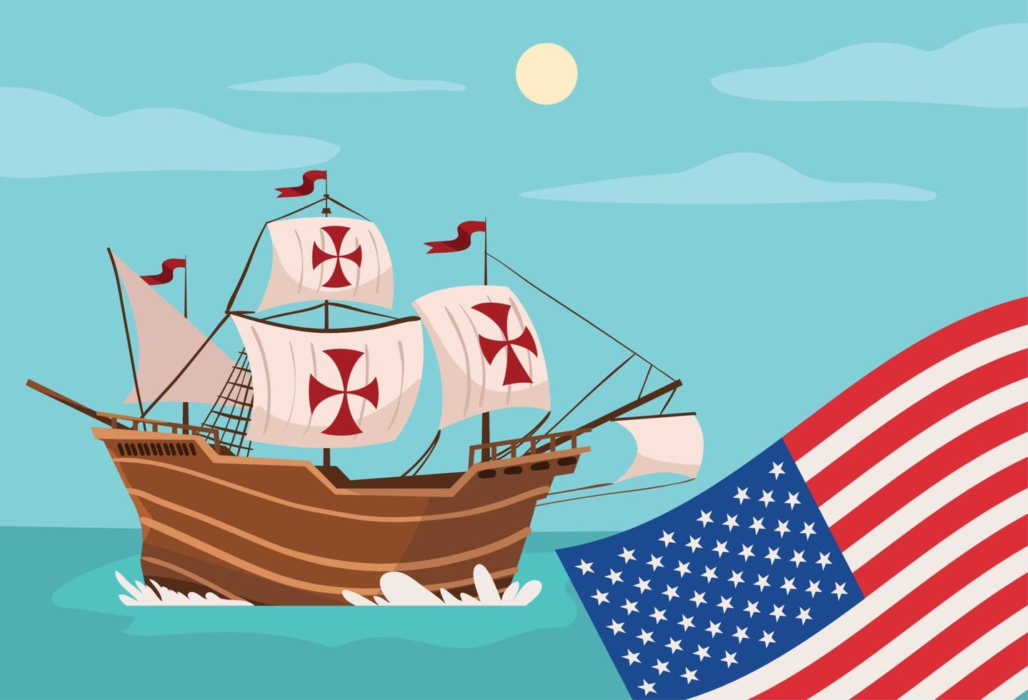 columbus day, boat and usa flag vector