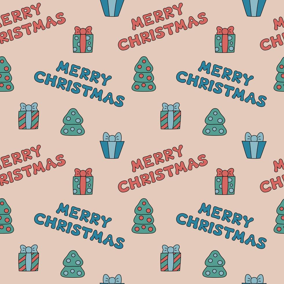 Merry Christmas groovy pattern. Retro seamless Christmas background in 60s 70s style. Doodle cartoon holiday elements trees and gifts. Vintage 1960s vector illustration