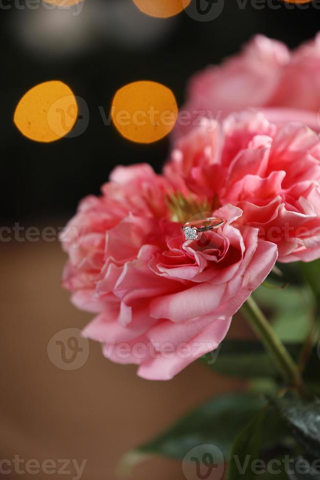 A diamond engagement ring in the petals of a beautiful pink-colored rose on bokeh background. Marriage proposal. Wedding photo