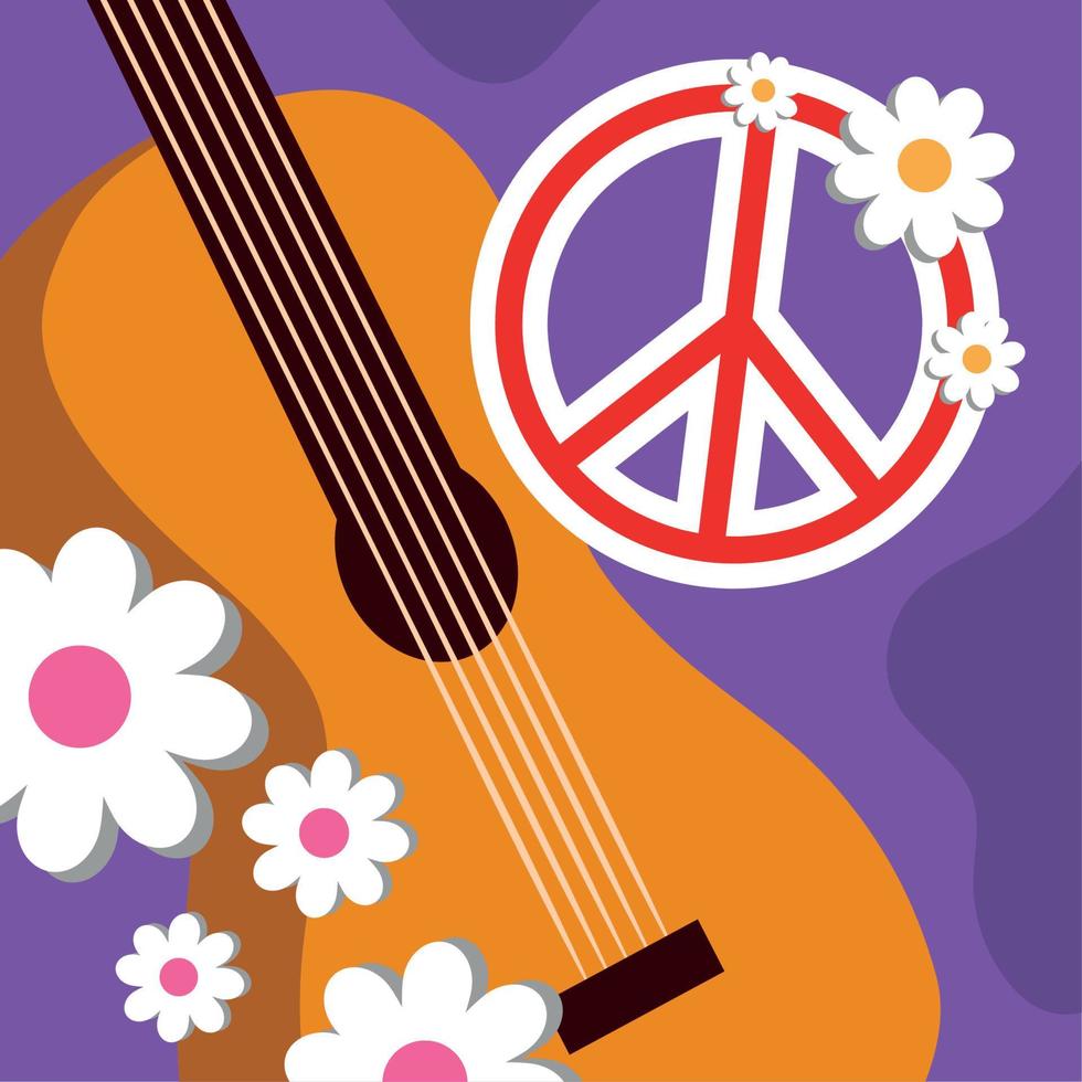 guitarra hippie con paz y amor vector