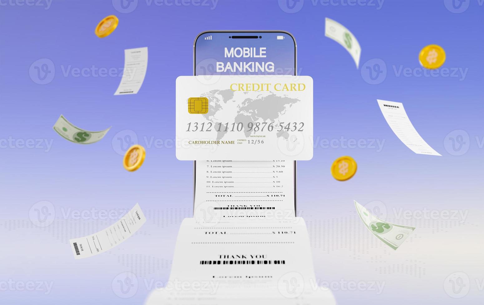 3D rendering of pay invoice bill using credit card and mobile banking. online transaction Mobile application for digital money transfers. mobile phone online payment. online banking and shopping. photo