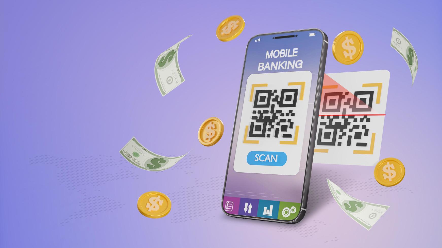 3D rendering of qr code scanning and mobile phone online payment. Mobile scan QR code, pay the bill of invoices. online transaction Mobile application for digital money transfers photo