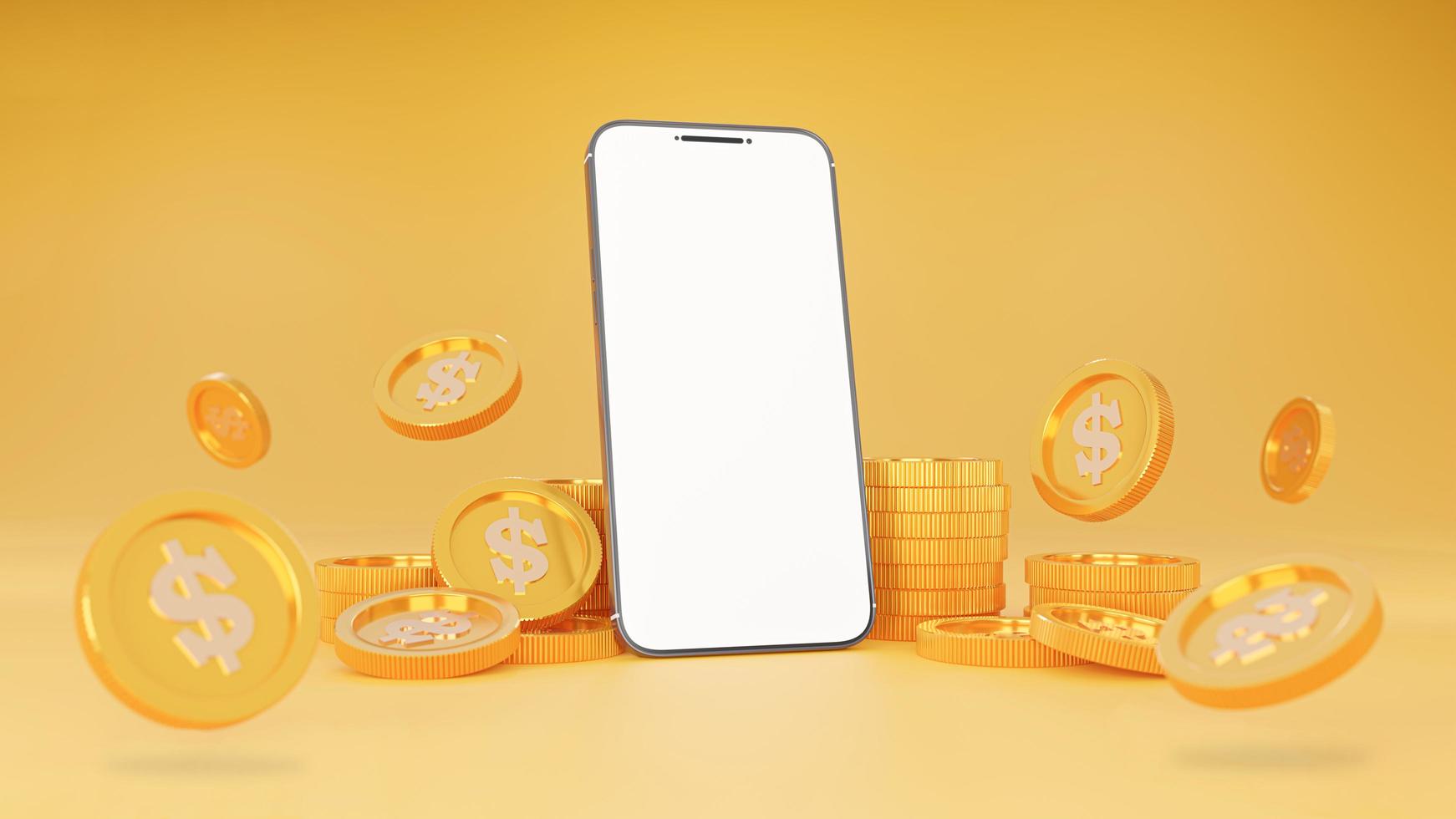 3D rendering of stack of dollar coins and smartphone. Mobile. Budget, fund, money, investment profit. Financial services. Falling  gold coins. photo