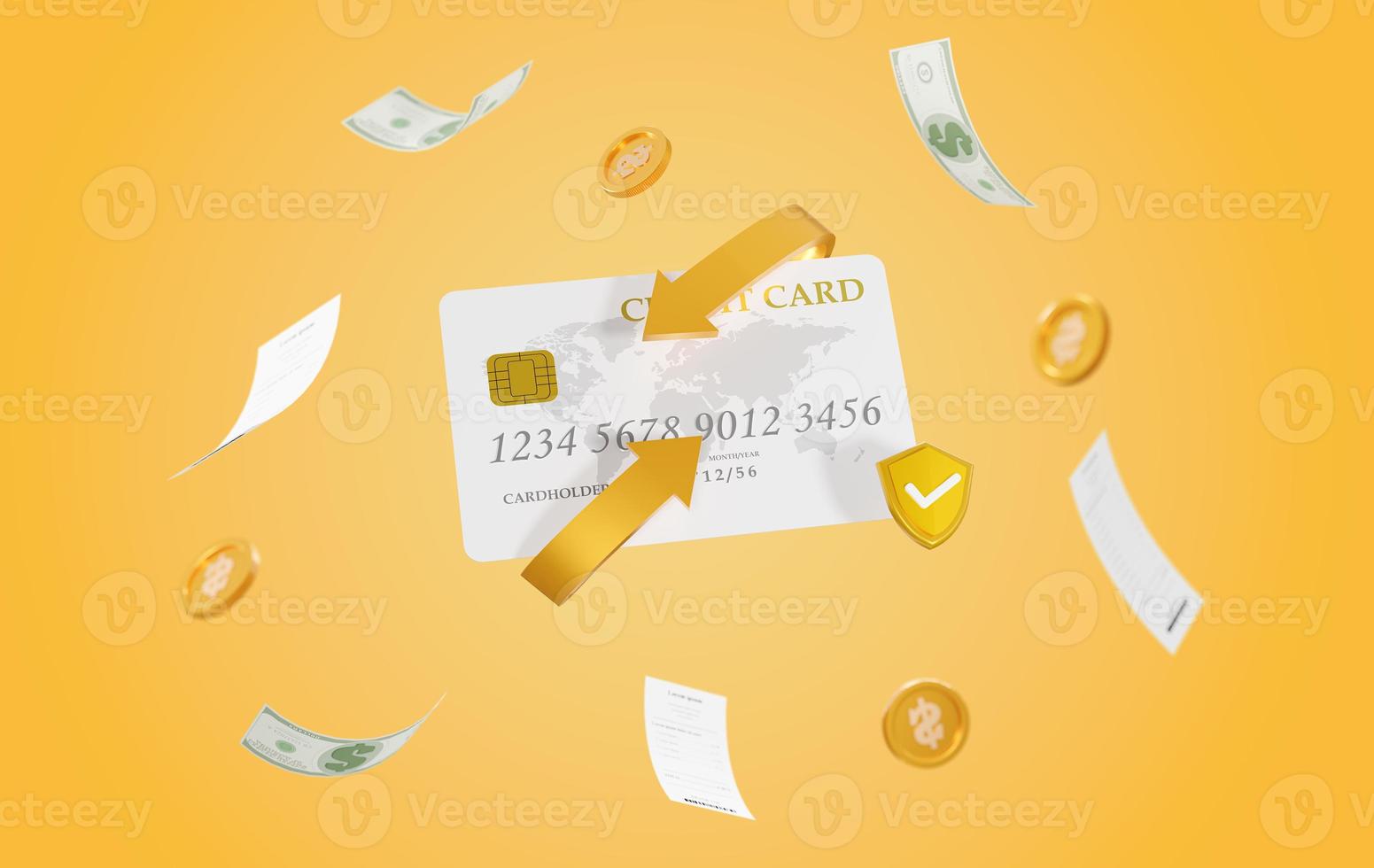 3D Rendering of online payments credit or debit card with payment protection concept. online banking and online shopping. money transfer. Financial transactions. Cash back. coins floating. photo