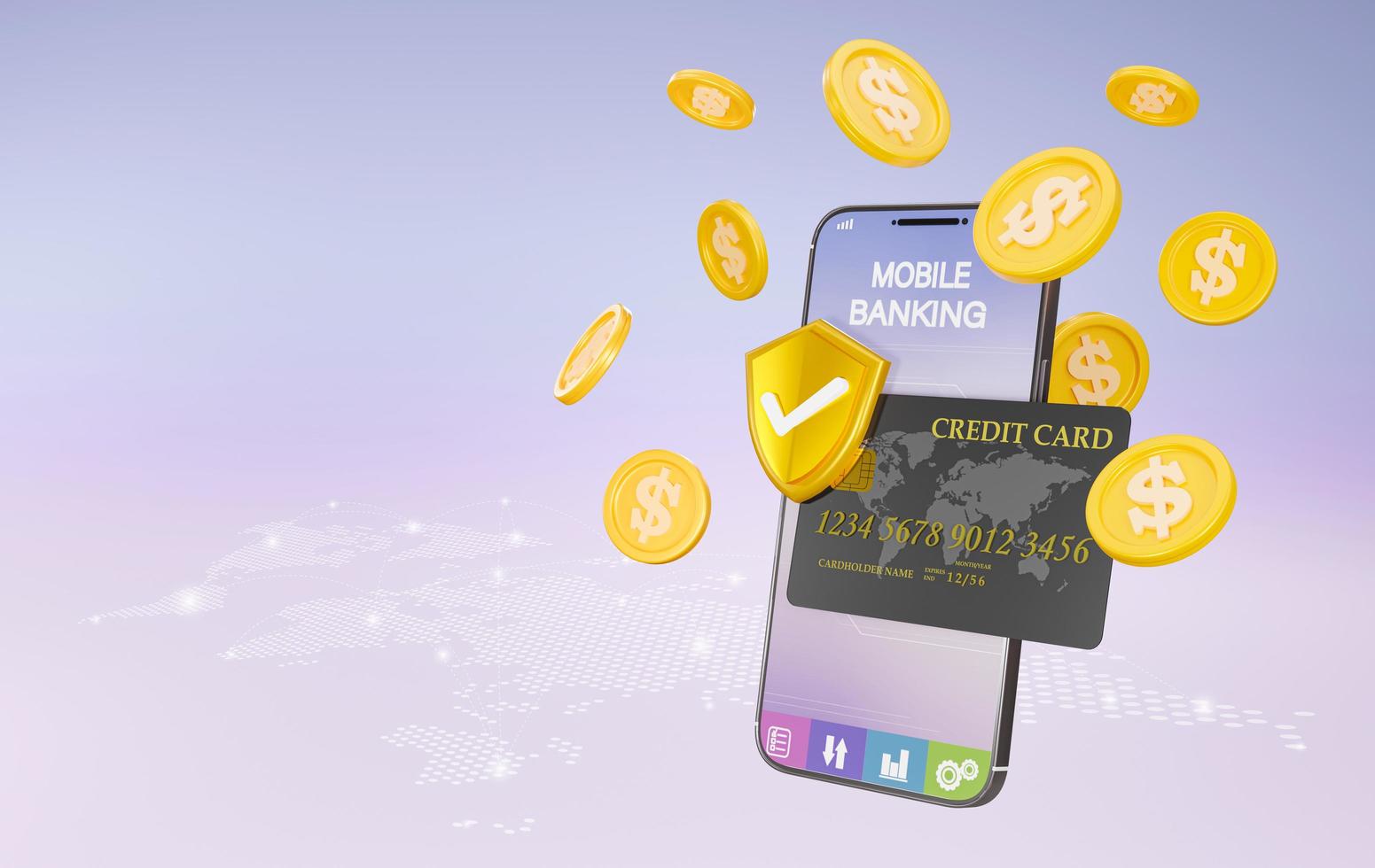 3D rendering of online money transfer by having a credit card connection and have a safety supervision system concept, Online money transactions, mobile payments using a smartphone. photo
