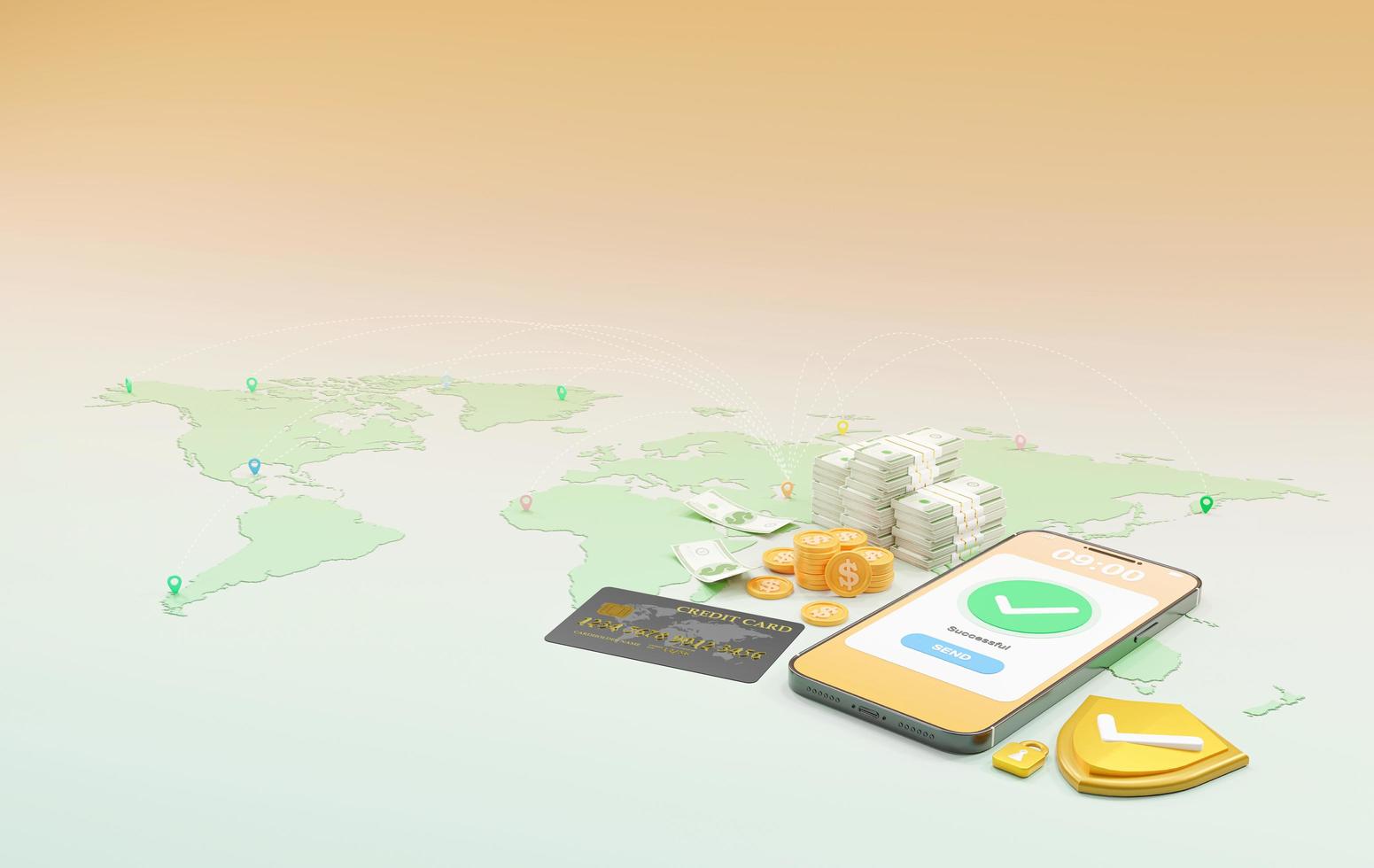 3D rendering of online money transfer by having a credit card connection and have a safety supervision system concept, Online money transactions, mobile payments using a smartphone. photo
