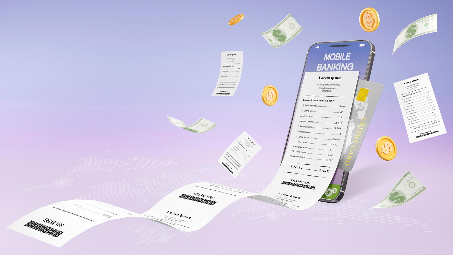 3D rendering of mobile phone online payment. pay the bill of invoices. online transaction Mobile application for digital money transfers photo