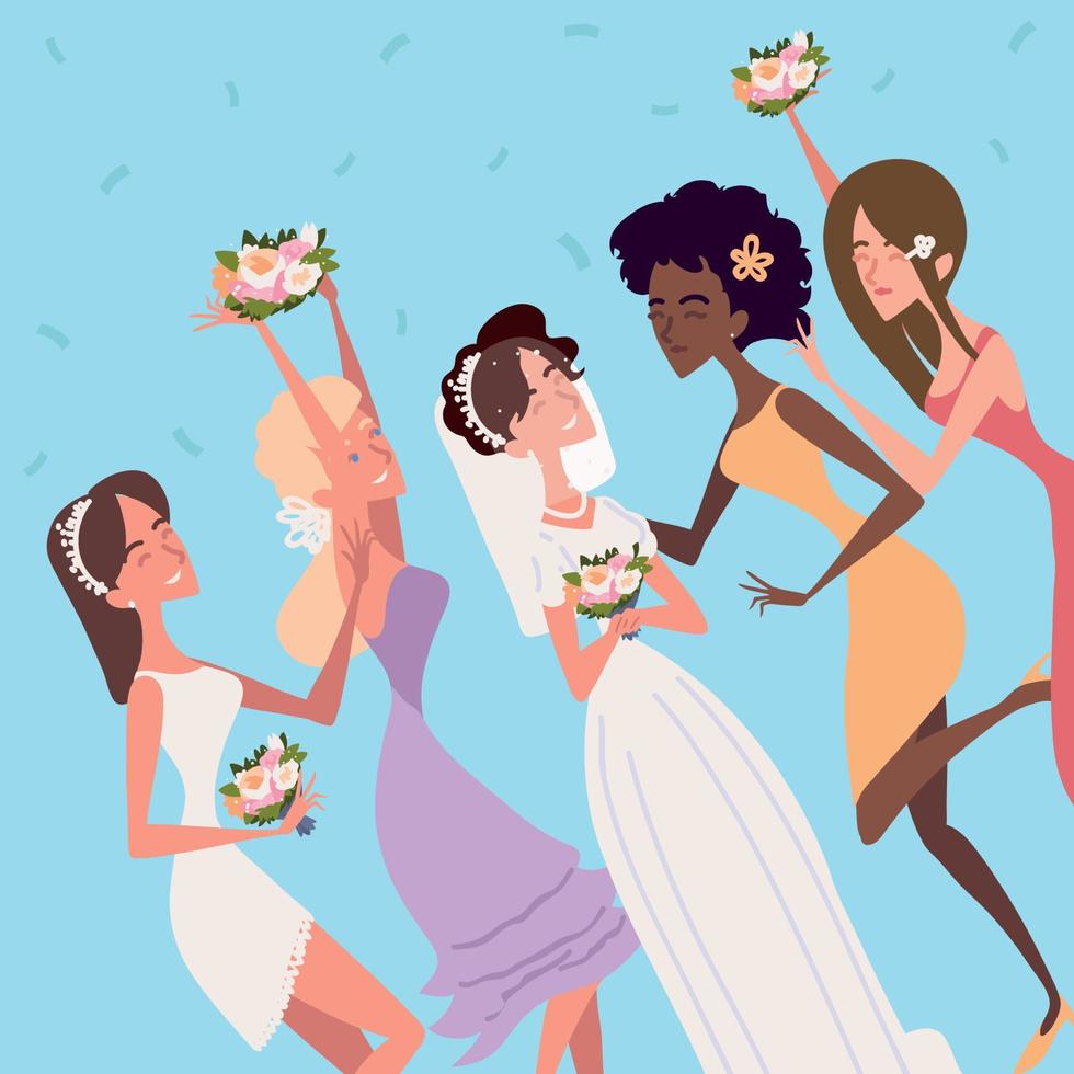 happy bride and bridesmaids vector