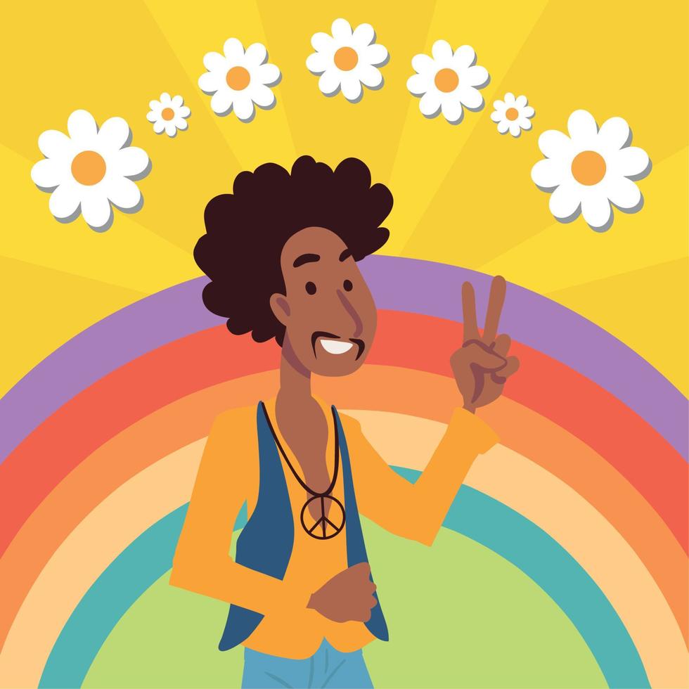 hippie man rainbow and flowers vector