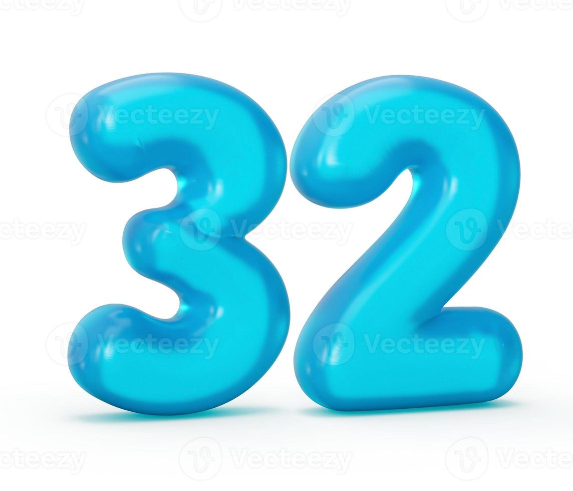 Blue jelly digit 32 thirty two isolated on white background Jelly colorful alphabets numbers for kids 3d illustration photo