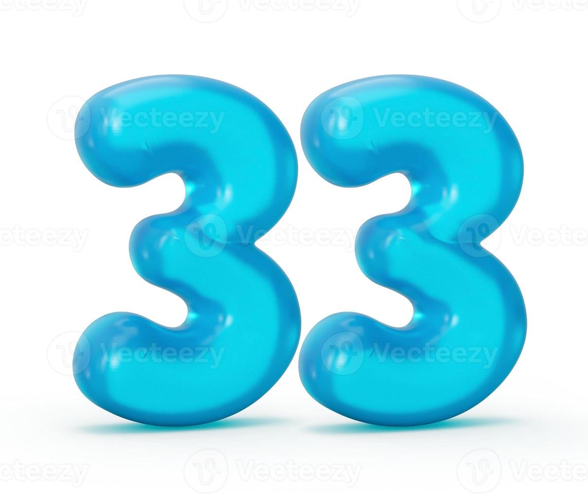 Blue jelly digit 33 thirty three isolated on white background Jelly colorful alphabets numbers for kids 3d illustration photo