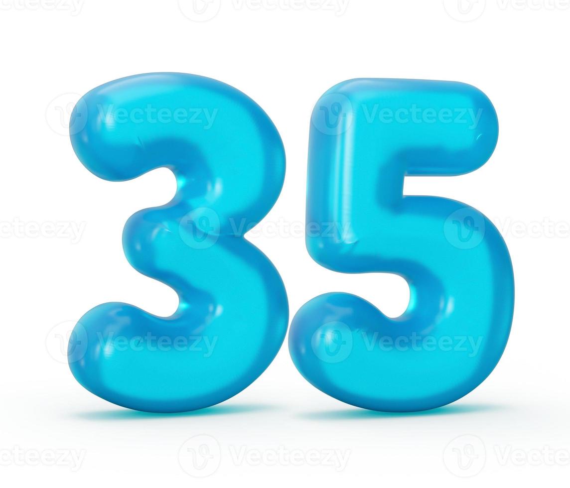 Blue jelly digit 35 thirty five isolated on white background Jelly colorful alphabets numbers for kids 3d illustration photo