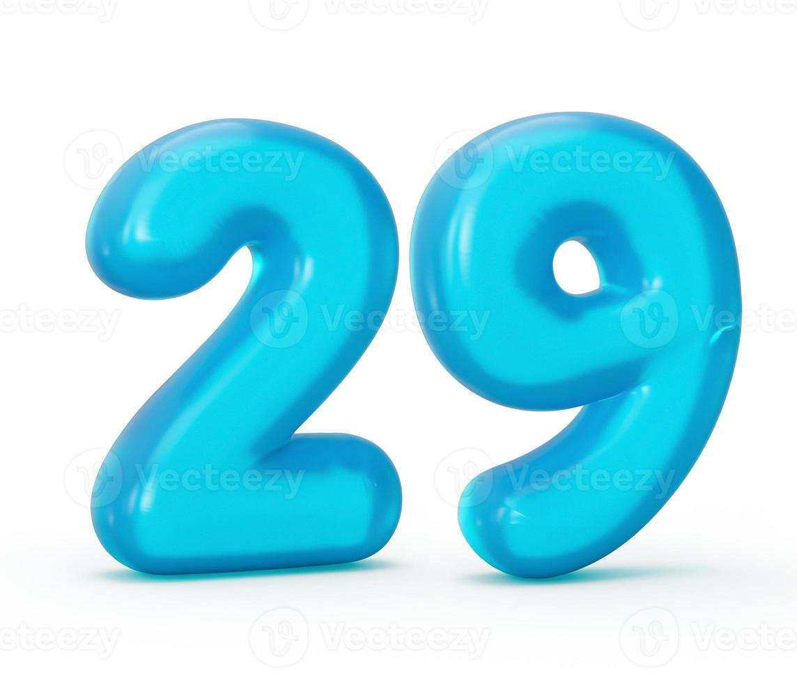 gelatina azul dígito 29 veintinueve aislado sobre fondo blanco gelatina alfabetos coloridos números para niños ilustración 3d foto