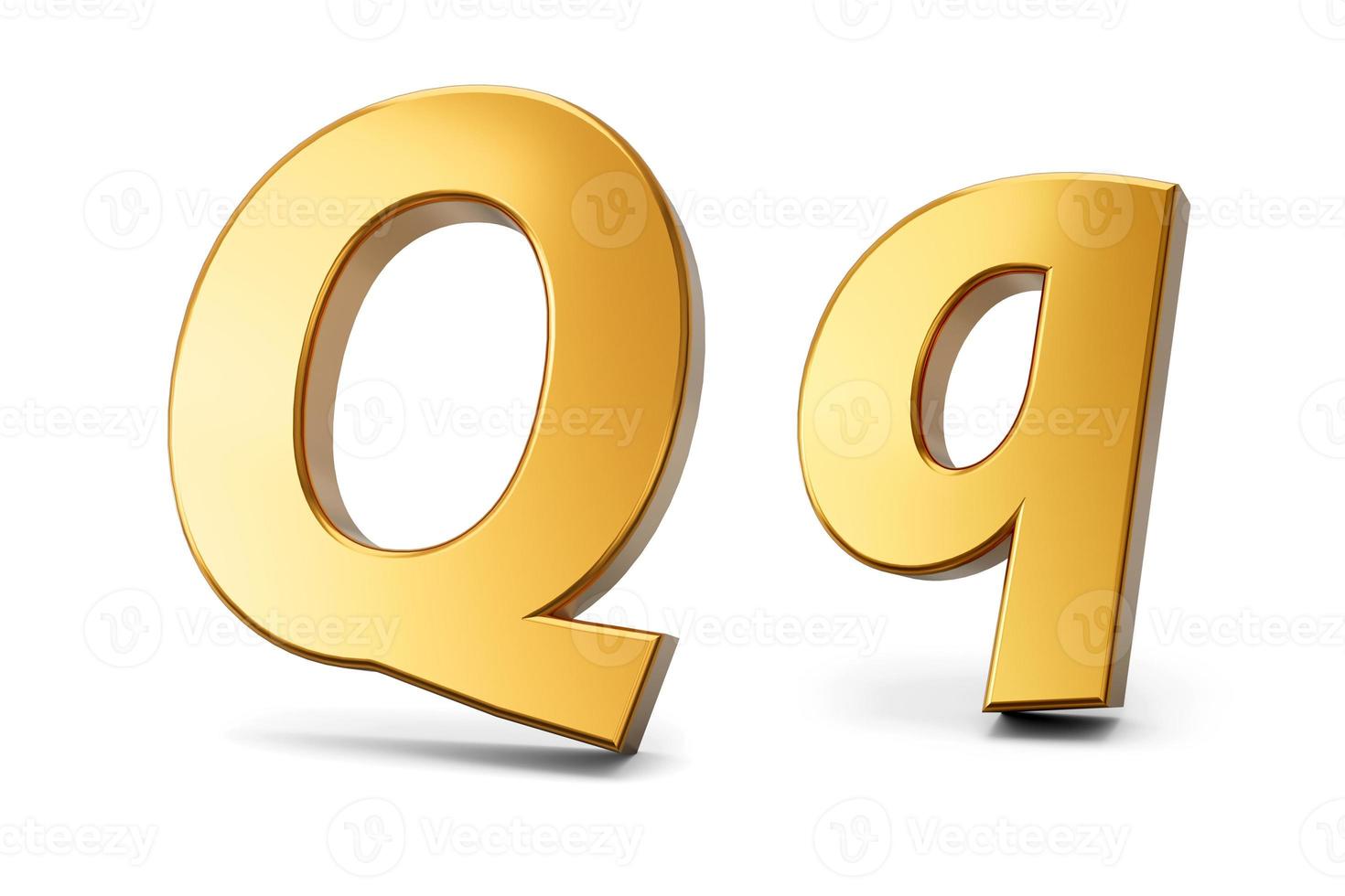 3d letter Q in gold metal on a white isolated background, capital and small letter 3d illustration photo