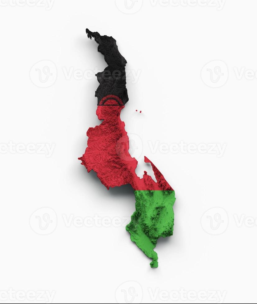 Malawi Map Flag Shaded relief Color Height map on white Background 3d illustration photo