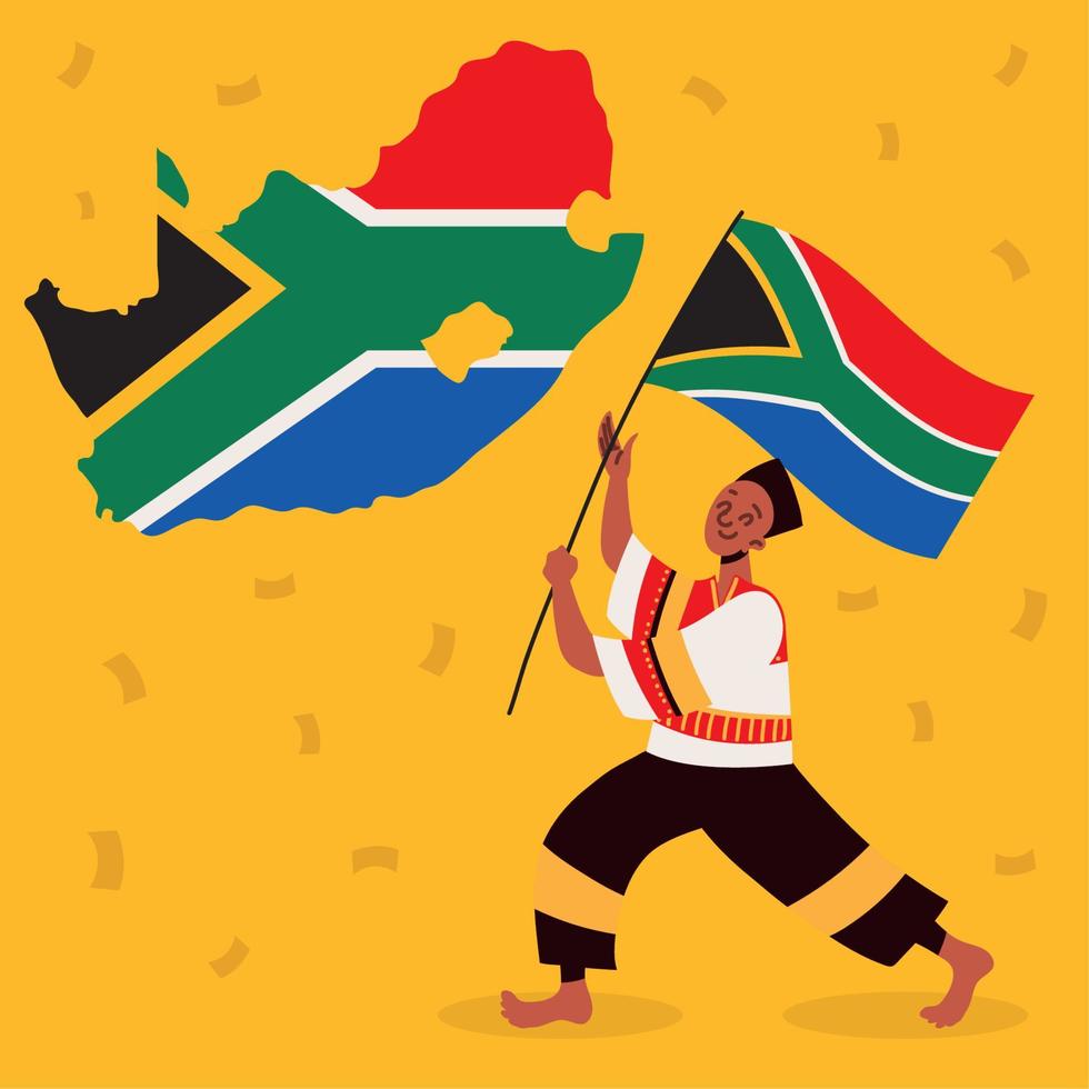 macho con bandera y mapa de sudáfrica vector