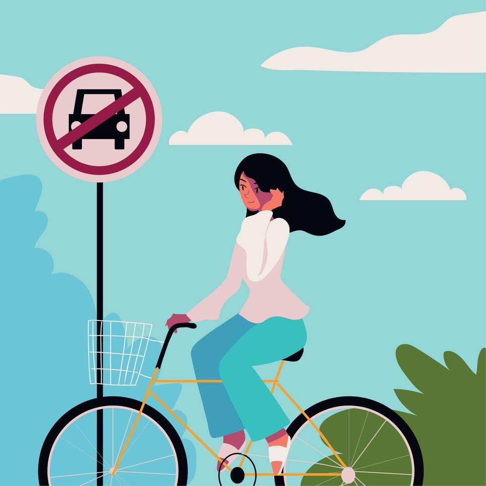 woman in bike, car free traffic sign vector