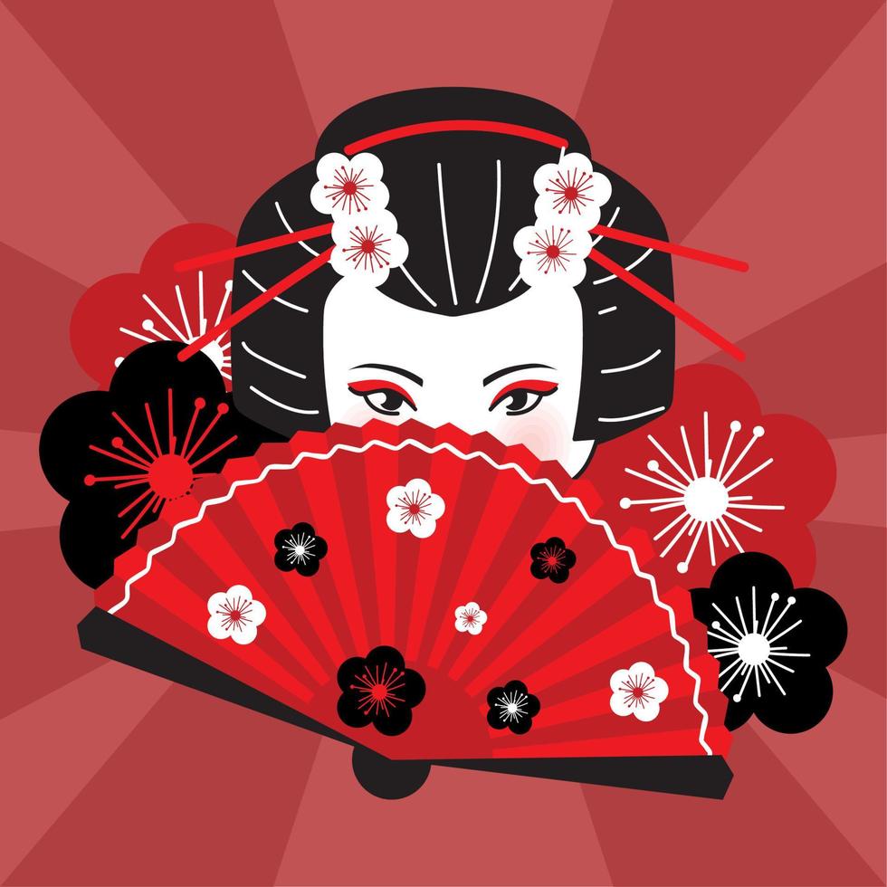 cute geisha and hand fan vector