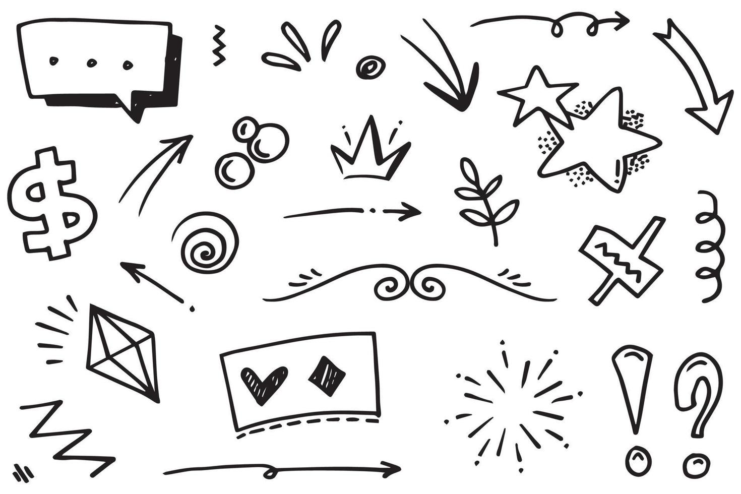 Hand drawn set elements, Abstract arrows, ribbons, hearts, stars, crowns and other elements in a hand drawn style for concept designs. Scribble illustration. Vector illustration.