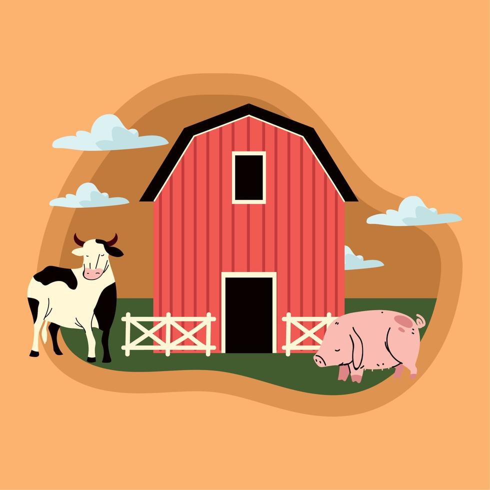 cow and pig, rural label vector