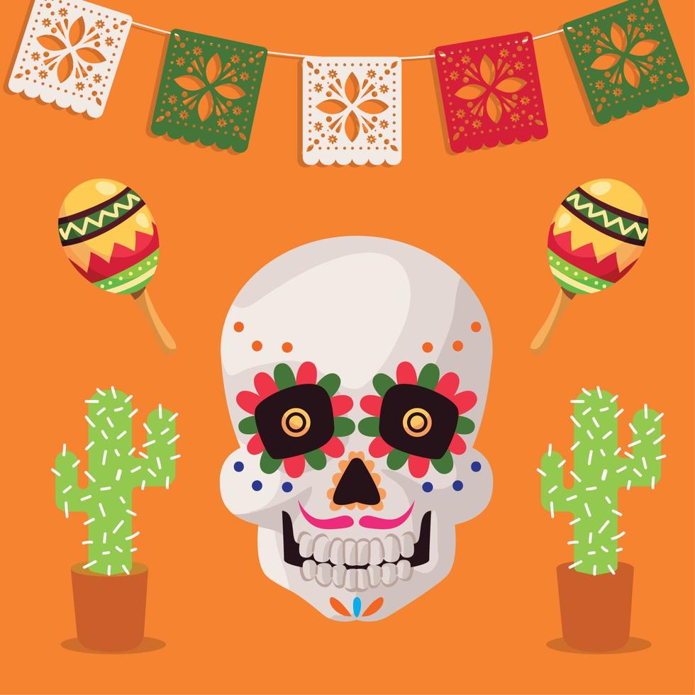 catrina calavera y cactus vector