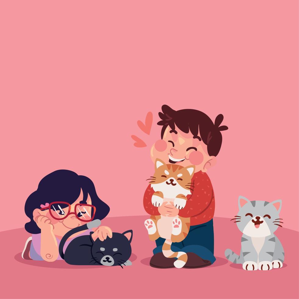 niña y niño con gatos vector