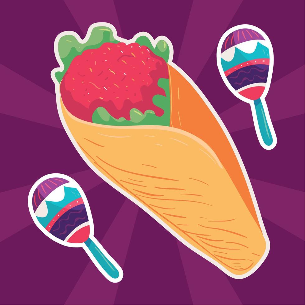 mexican burrito and maracas vector