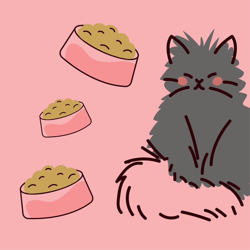 gato esponjoso y comida vector