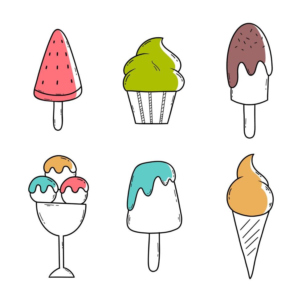 Ice cream. Set of elements for decoration of postcard. Vector doodle illustration. Sketch.