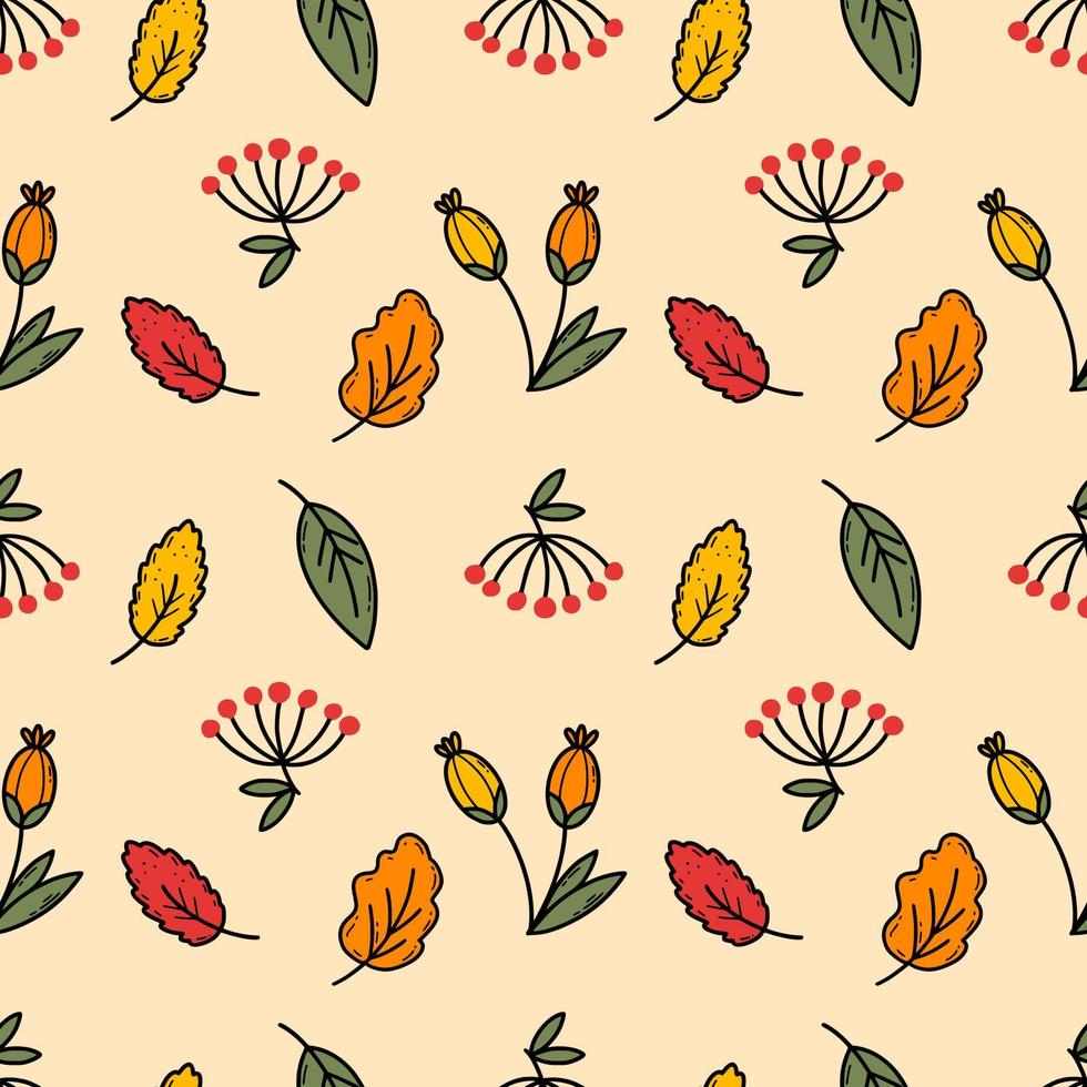 Seamless autumn background for sewing clothes and printing on fabric. Endless wallpaper. Vector doodle illustration. Leaf fall.
