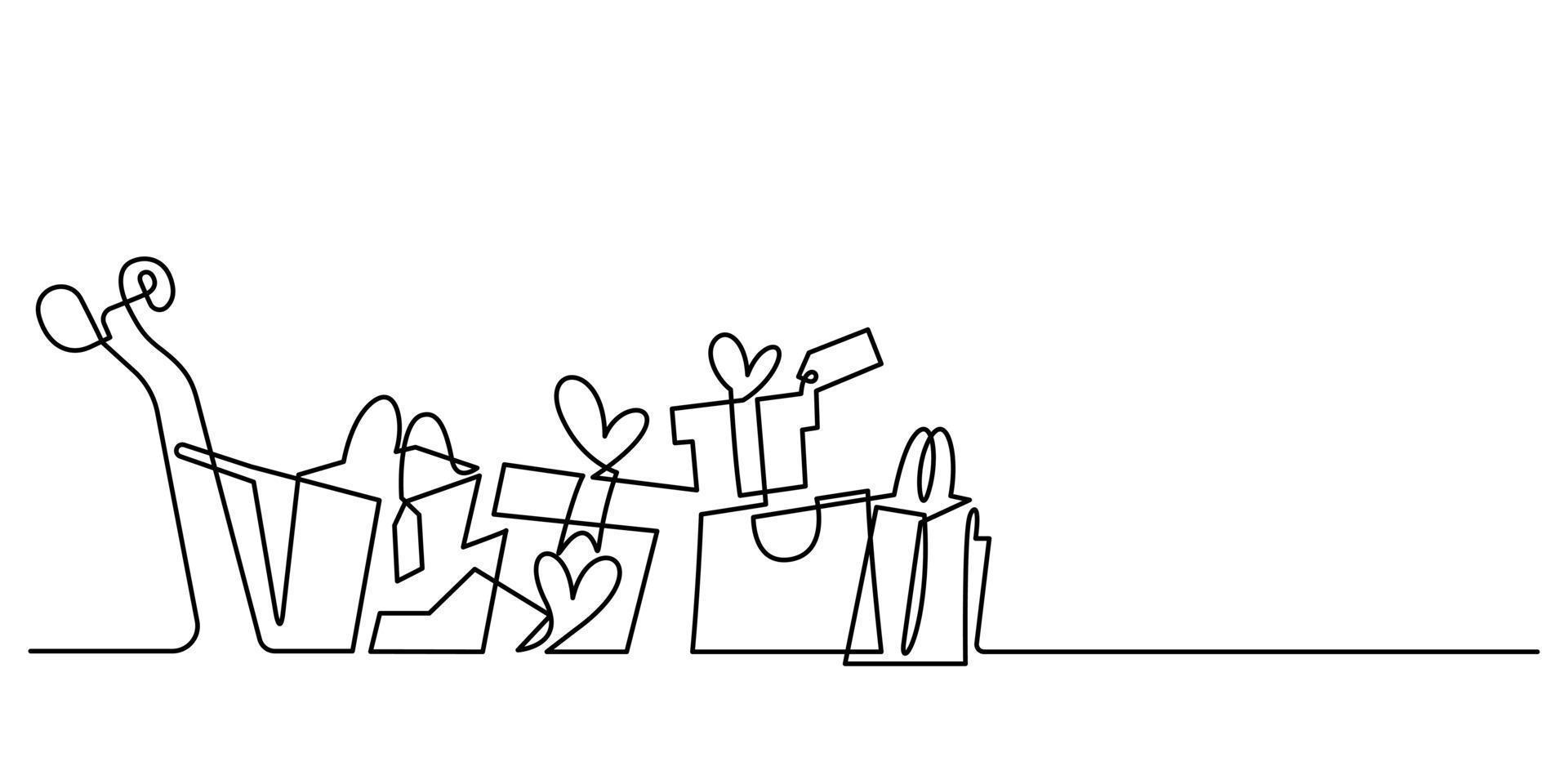 carrito de compras con bolsas de compras y celebración de cajas de regalo en dibujo de línea continua vector