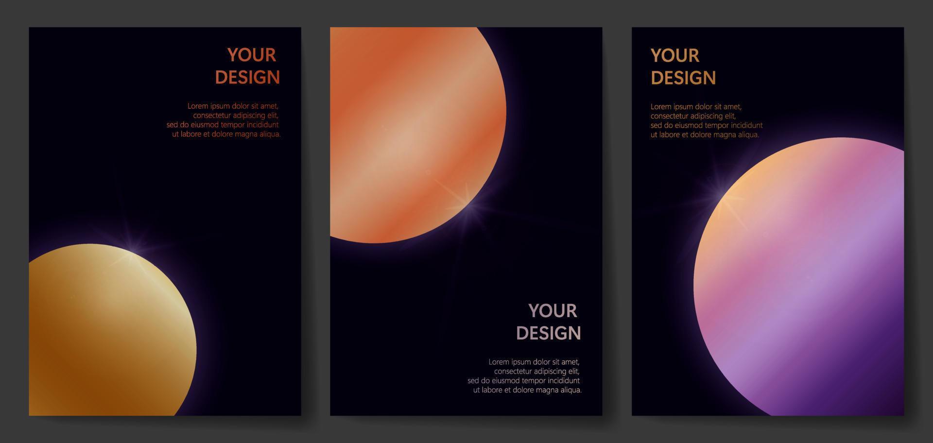 Space poster set. Outer space background with place for text. Cosmos scenes with planets. Vector illustration of galaxy. Greeting card and cover collection in sci-fi style. Vector illustration