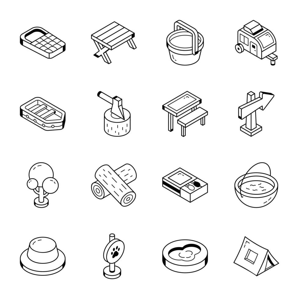 paquete de iconos de contorno de herramientas de camping vector