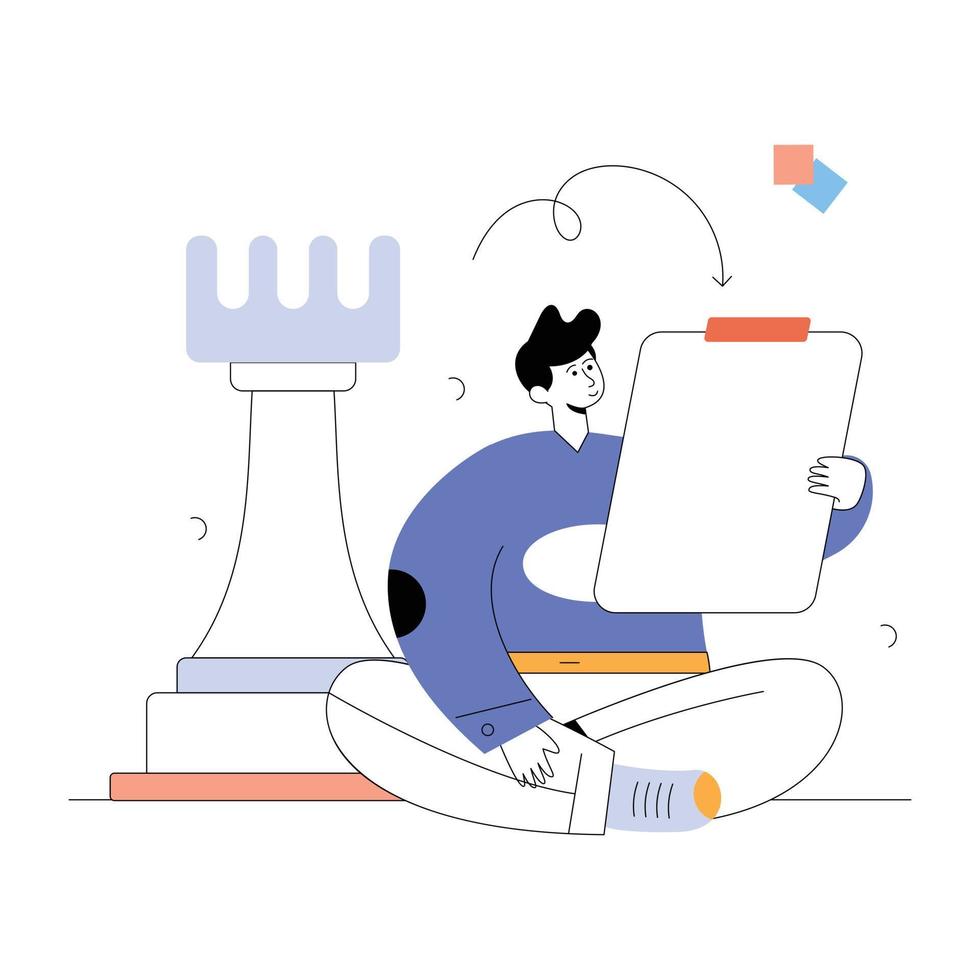 Person with chess piece and document, flat illustration of strategy vector